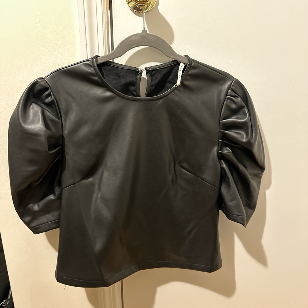 Ellison Black Faux Leather Puff Sleeve Blouse